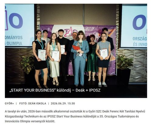 Megjelent a hír a Győr+ oldalán: „START YOUR BUSINESS” különdíj – Deák + IPOSZ